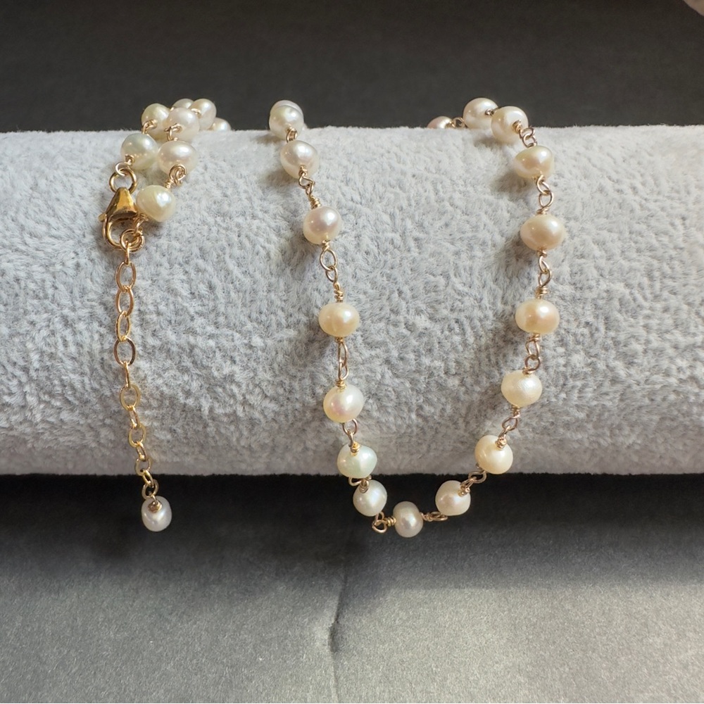 Pearl Necklace Natural White Pearl 14K Gold Dainty Beaded Choker Rosary style